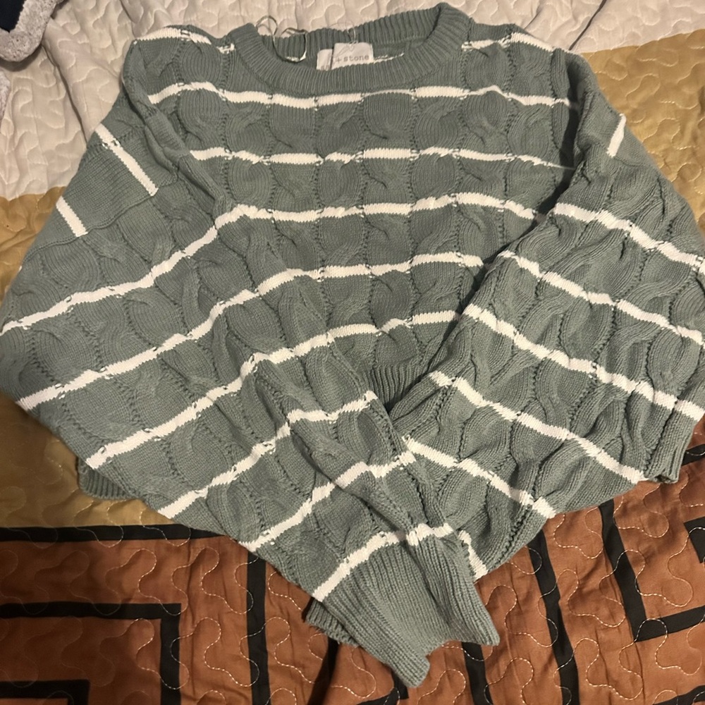 Green and White Crew Neck Striped Sweater
